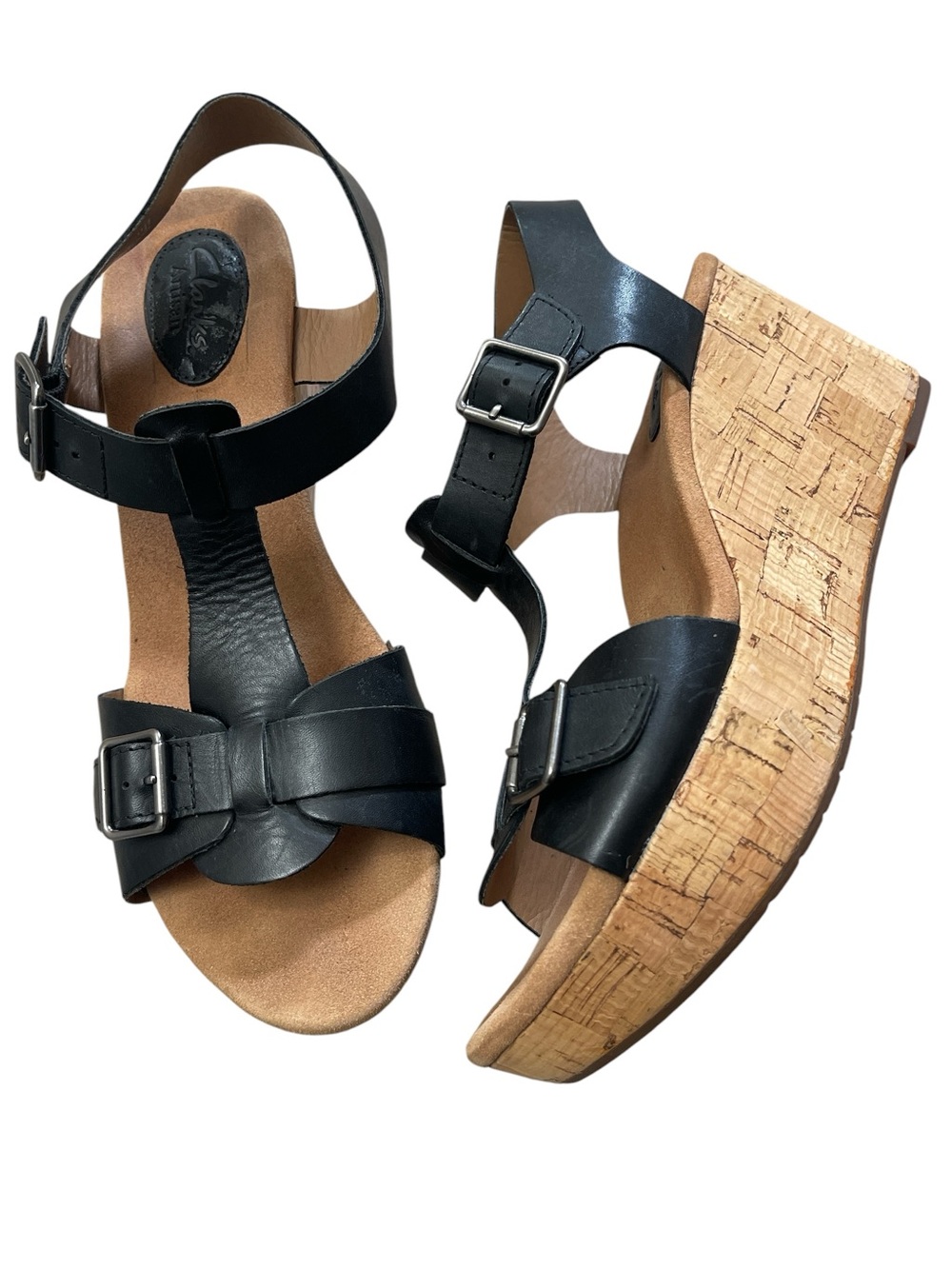 Clarks Black Leather Cork Wedge Sandals for Women